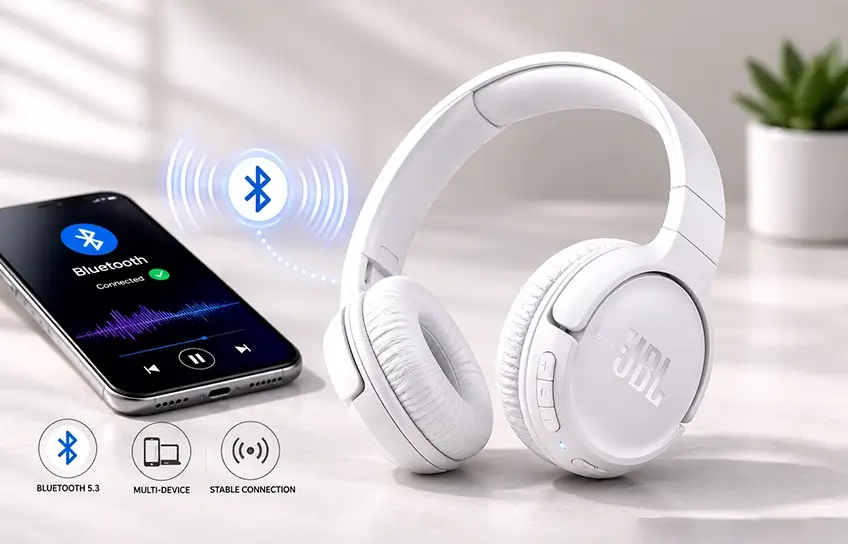 JBL Tune 520BT headphones connecting to phone via Bluetooth 5.3