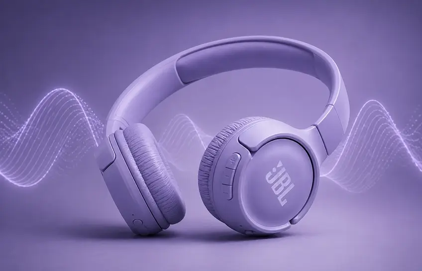 JBL Tune 520BT headphones with purple sound wave graphic