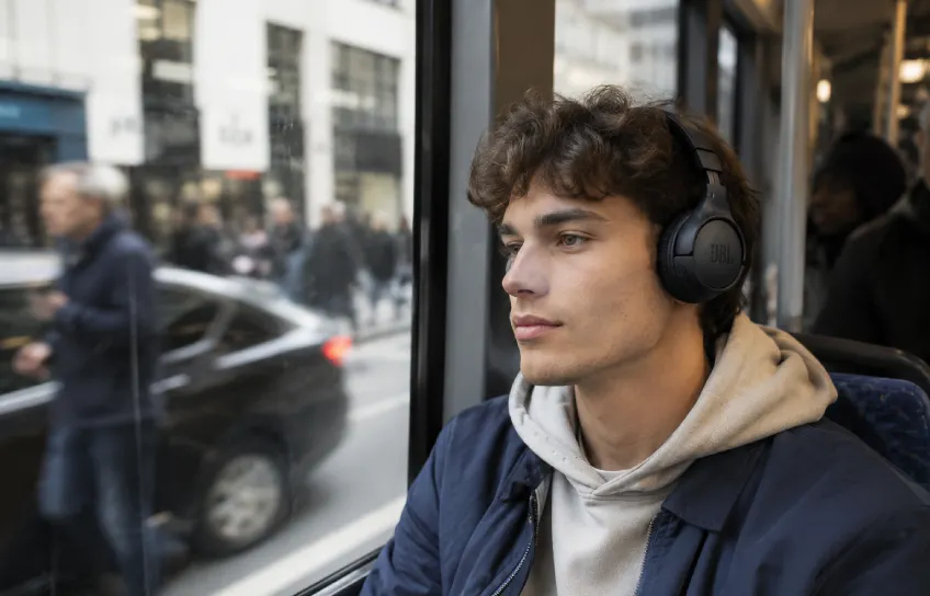 Man wearing JBL headphones on a bus near a busy city street