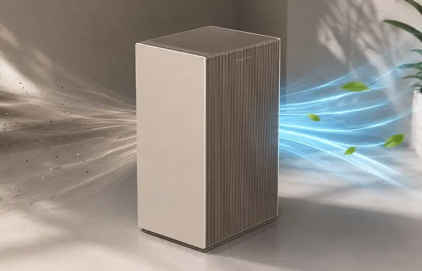 Coway Airmega ProX air purifier with visual illustration of dusty air being pulled in and clean fresh air flowing out