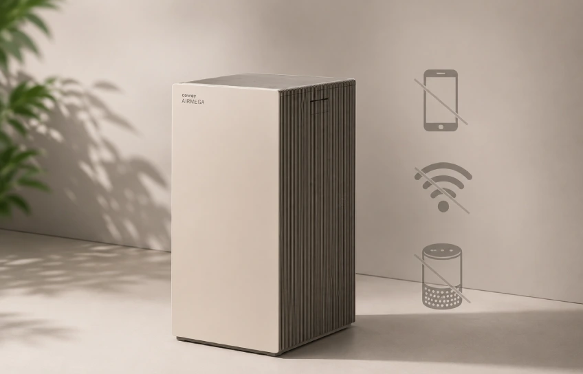 Coway Airmega ProX air purifier next to crossed-out phone, WiFi, and smart speaker icons showing no app or smart home connectivity