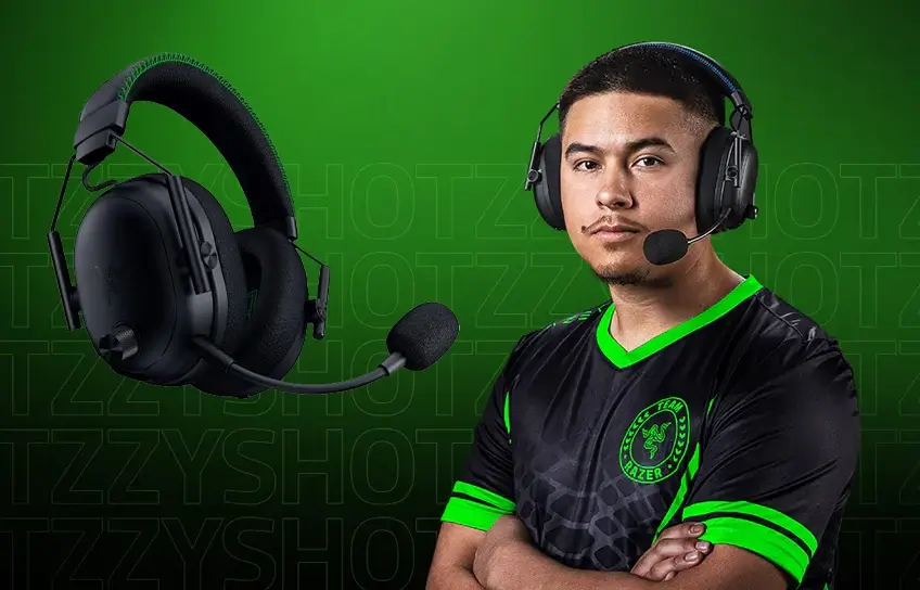Esports player wearing the Razer BlackShark V3 Pro headset alongside a close-up product shot on a green background