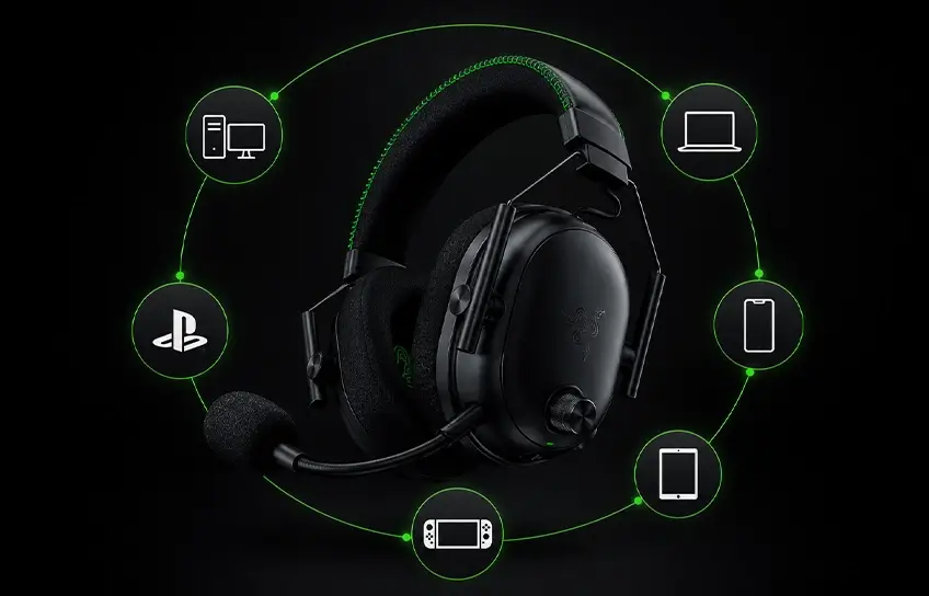Razer BlackShark V3 Pro headset surrounded by icons for PC, laptop, phone, tablet, PlayStation, and Nintendo Switch platform compatibility