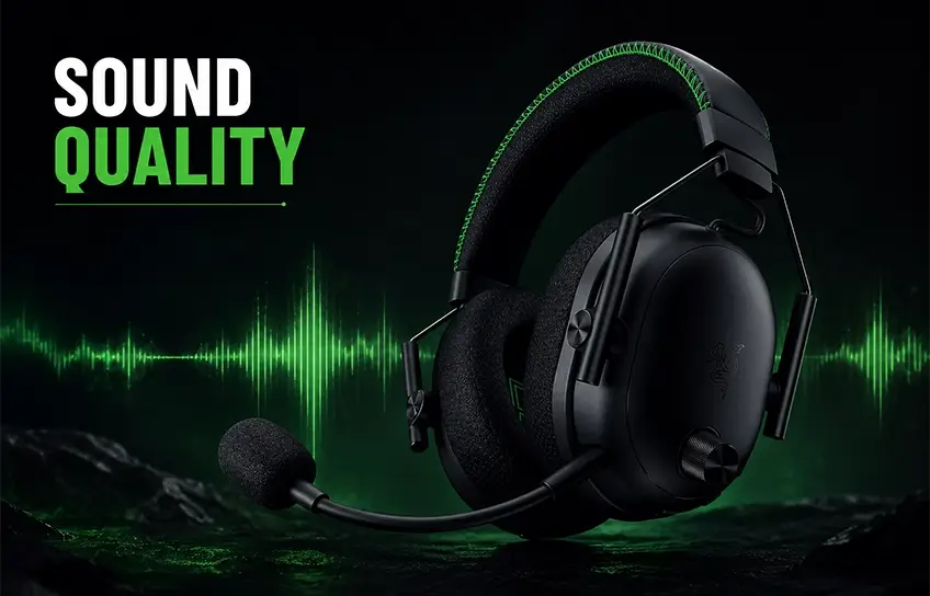 Razer BlackShark V3 Pro headset with 'Sound Quality' text overlay and green audio waveform graphic
