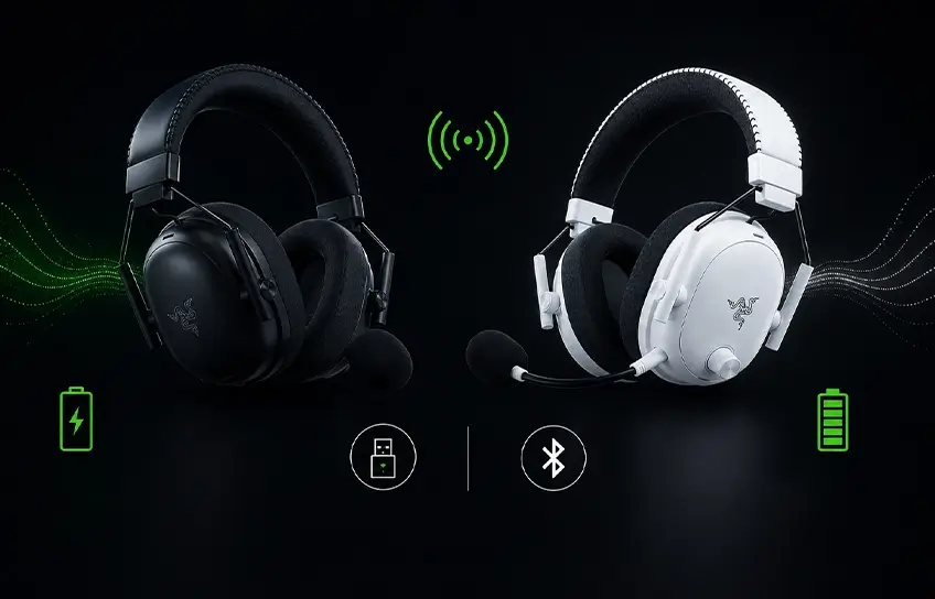 Razer BlackShark V3 Pro headsets in black and white with wireless signal, USB dongle, Bluetooth, and battery icons