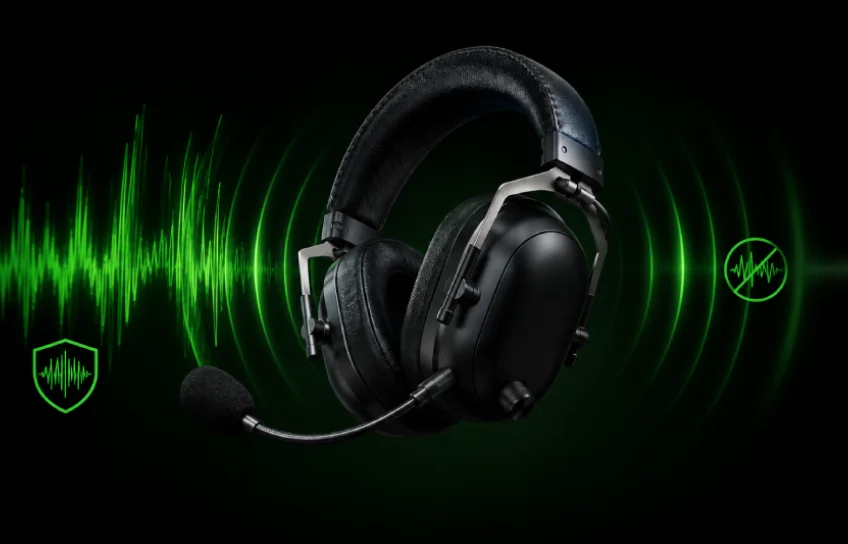 Razer BlackShark V3 Pro headset with green sound wave and noise-cancellation icons illustrating ANC feature